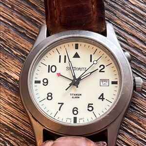 St. Moritz Titanium Alarm Watch Brown Leather Strap